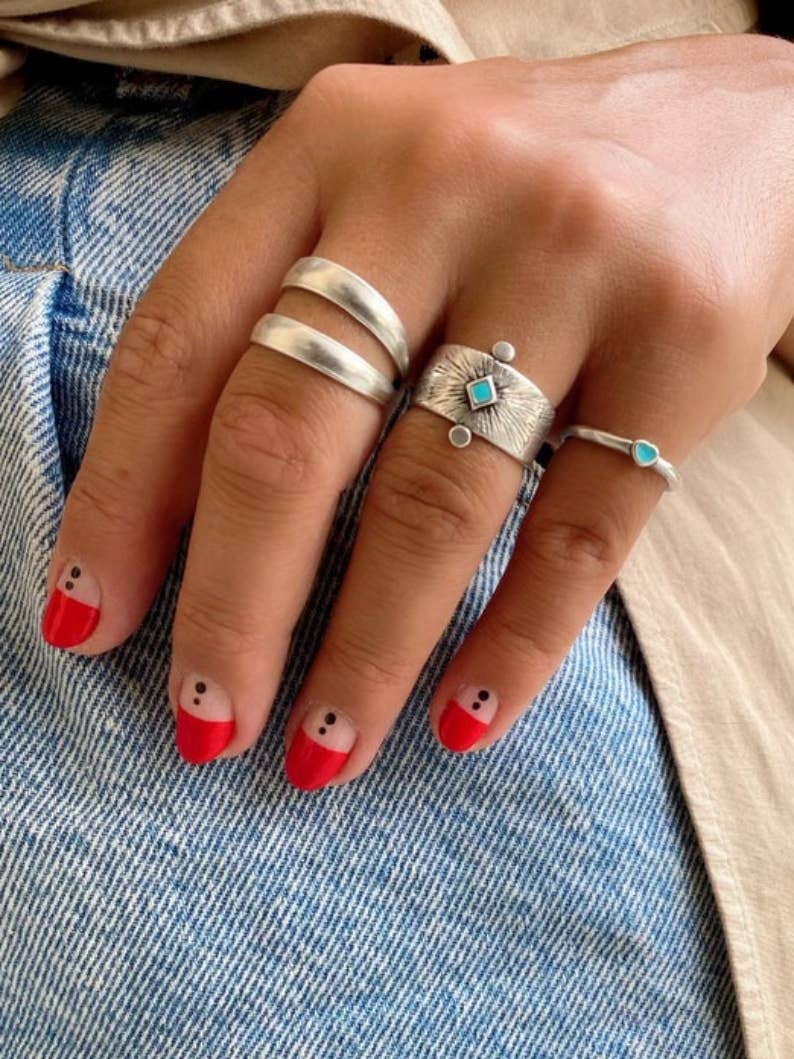 Anillos apilables étnicos: banda doble, rombo, corazón turquesa