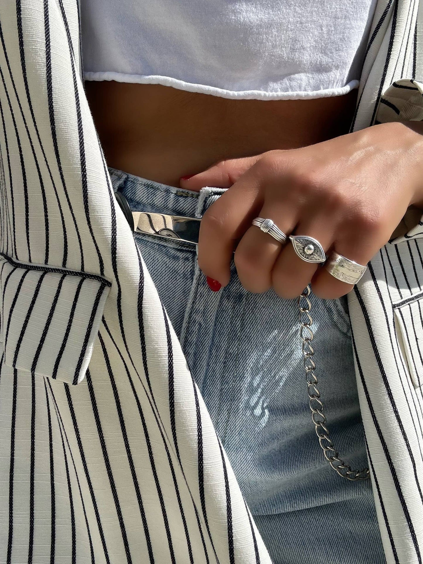 Anillos apilables: banda ancha, mal de ojo, nudo (knot)